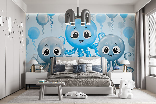 Gruppe von Tintenfischen mit Luftballons Gruppe von Tintenfischen mit Luftballons