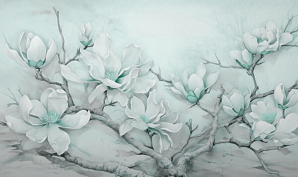 Malerei von weißen Blumen auf einem Zweig Malerei von weißen Blumen auf einem Zweig