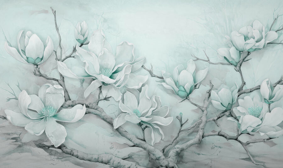 Malerei von weißen Blumen auf einem Zweig