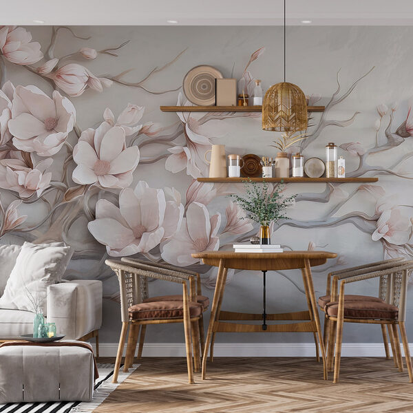 Gemälde mit Blumen an einer Wand Gemälde mit Blumen an einer Wand