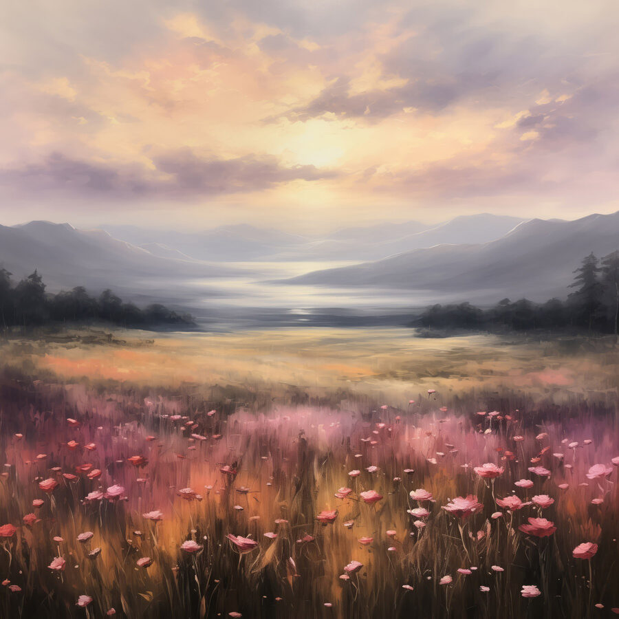 Blumenfeld mit Bergen im Hintergrund