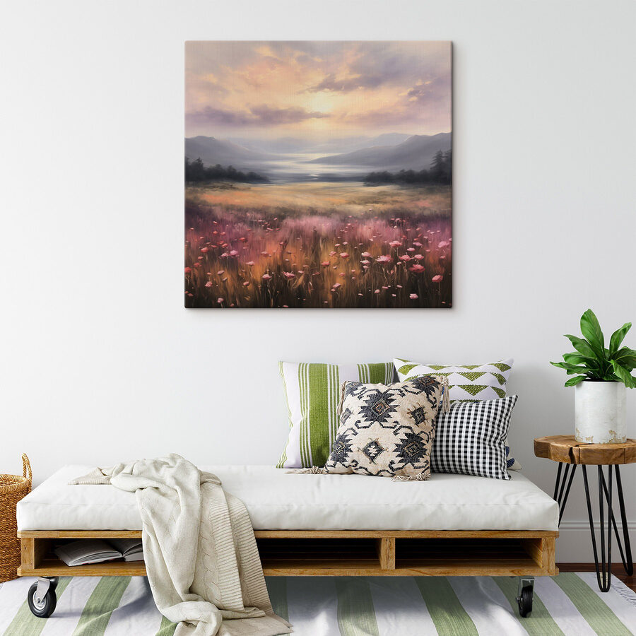 Blumenfeld mit Bergen im Hintergrund