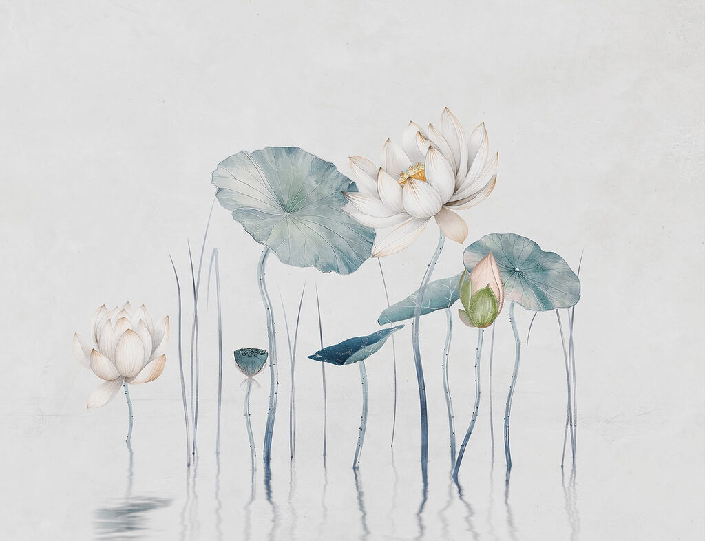 Malerei von Blumen und Blättern im Wasser Malerei von Blumen und Blättern im Wasser