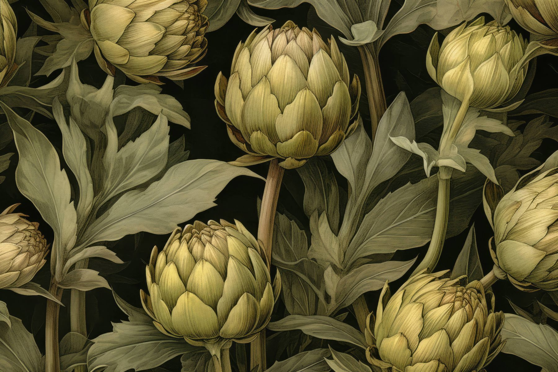 Artichokes with leaves and stems on a black background Artichokes with leaves and stems on a black background
