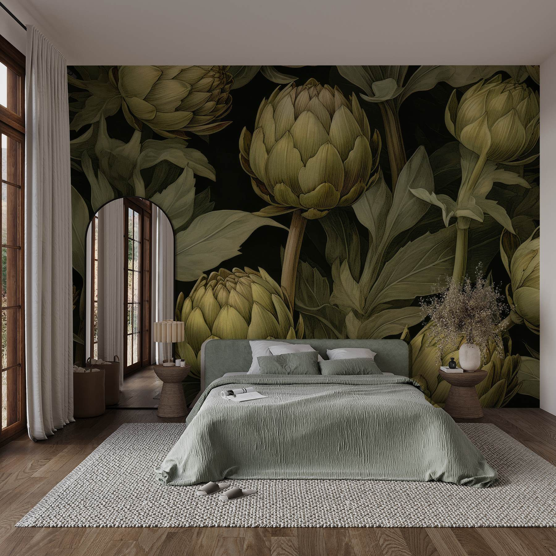 Artichokes with leaves and stems on a black background Artichokes with leaves and stems on a black background