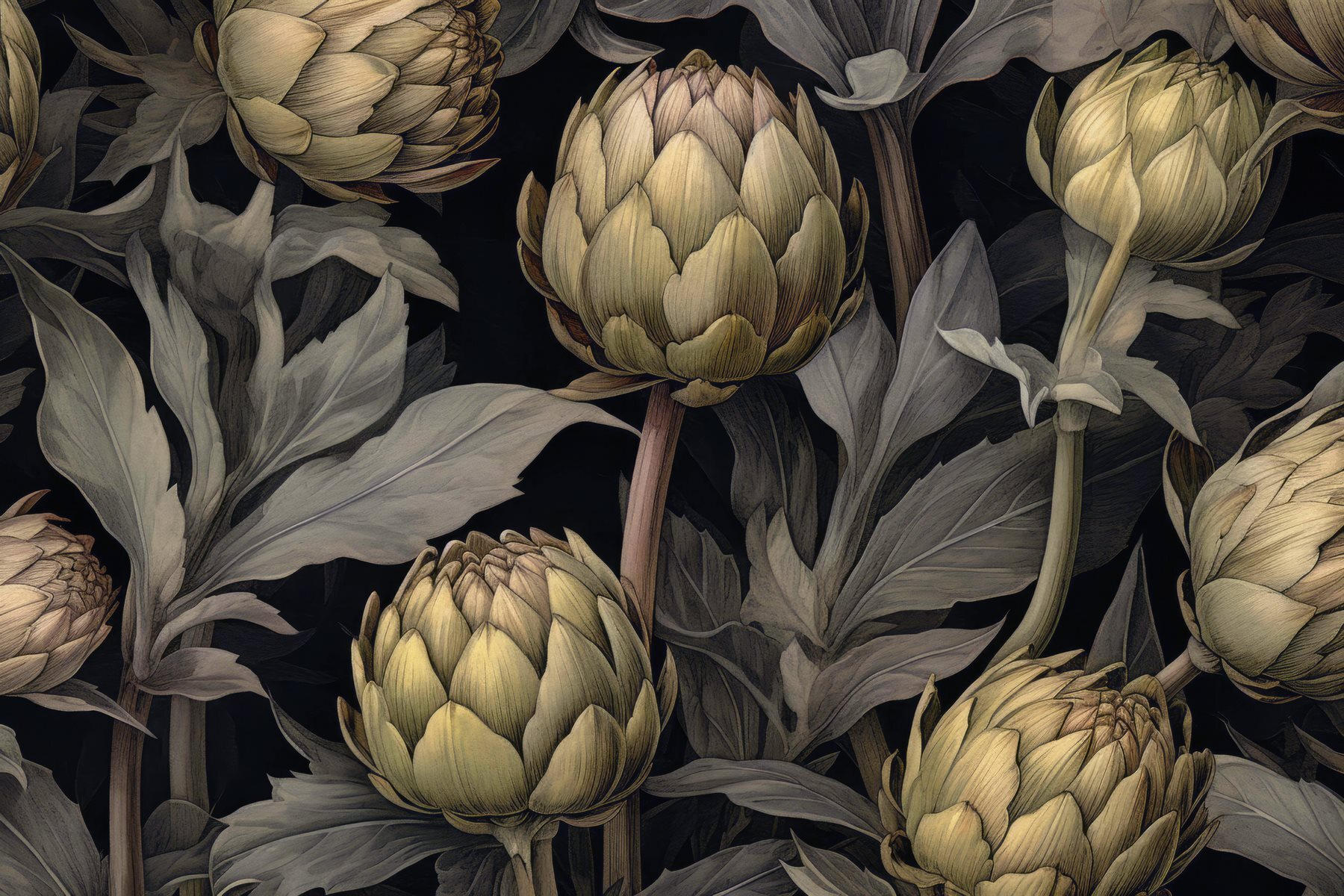 Artichokes and leaves on a black background Artichokes and leaves on a black background