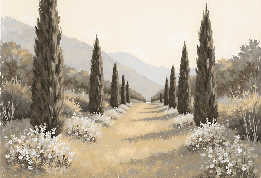 Landschaft mit Bäumen und Blumen