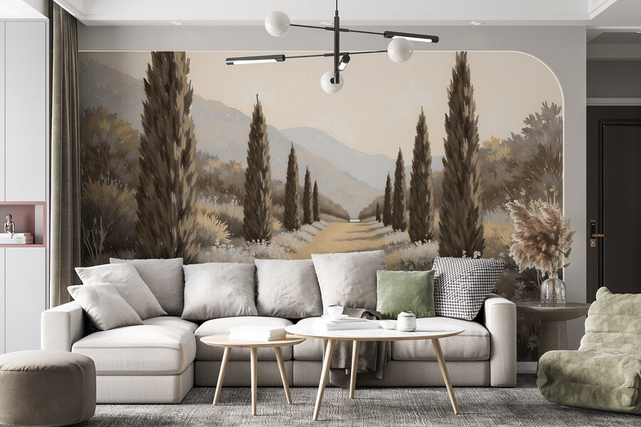 Landschaft mit Bäumen und Blumen