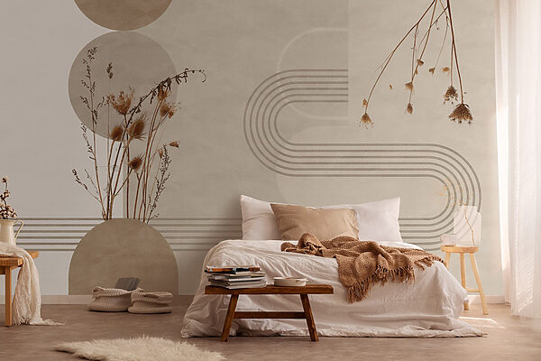 Fototapeten Fototapeten Brauner und weißer Hintergrund mit braunen und weißen Kreisen und Pflanzen (Artikelnummer: w03449)