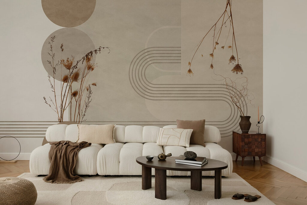 Brown and white background with brown and white circles and plants