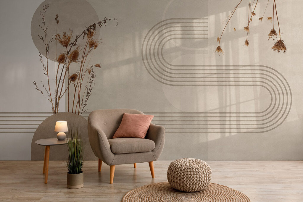 Brown and white background with brown and white circles and plants