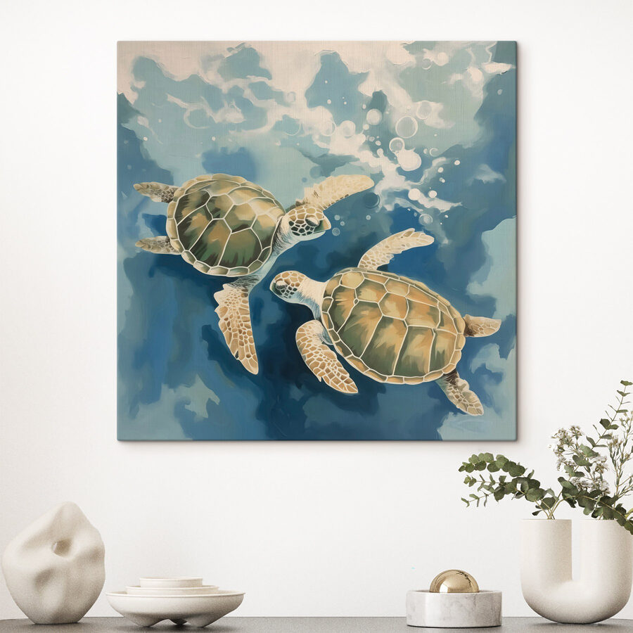 Ein paar Schildkröten schwimmen im Wasser