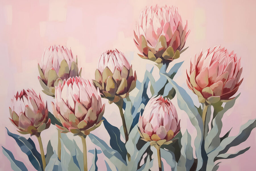 Gemälde von Blumen auf einem rosa Hintergrund Gemälde von Blumen auf einem rosa Hintergrund