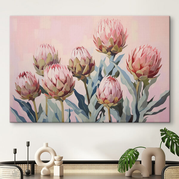 Gemälde von Blumen auf einem rosa Hintergrund Gemälde von Blumen auf einem rosa Hintergrund