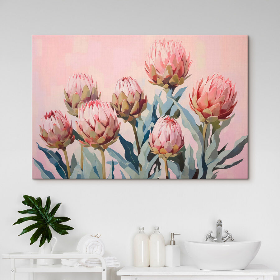 Gemälde von Blumen auf einem rosa Hintergrund Gemälde von Blumen auf einem rosa Hintergrund