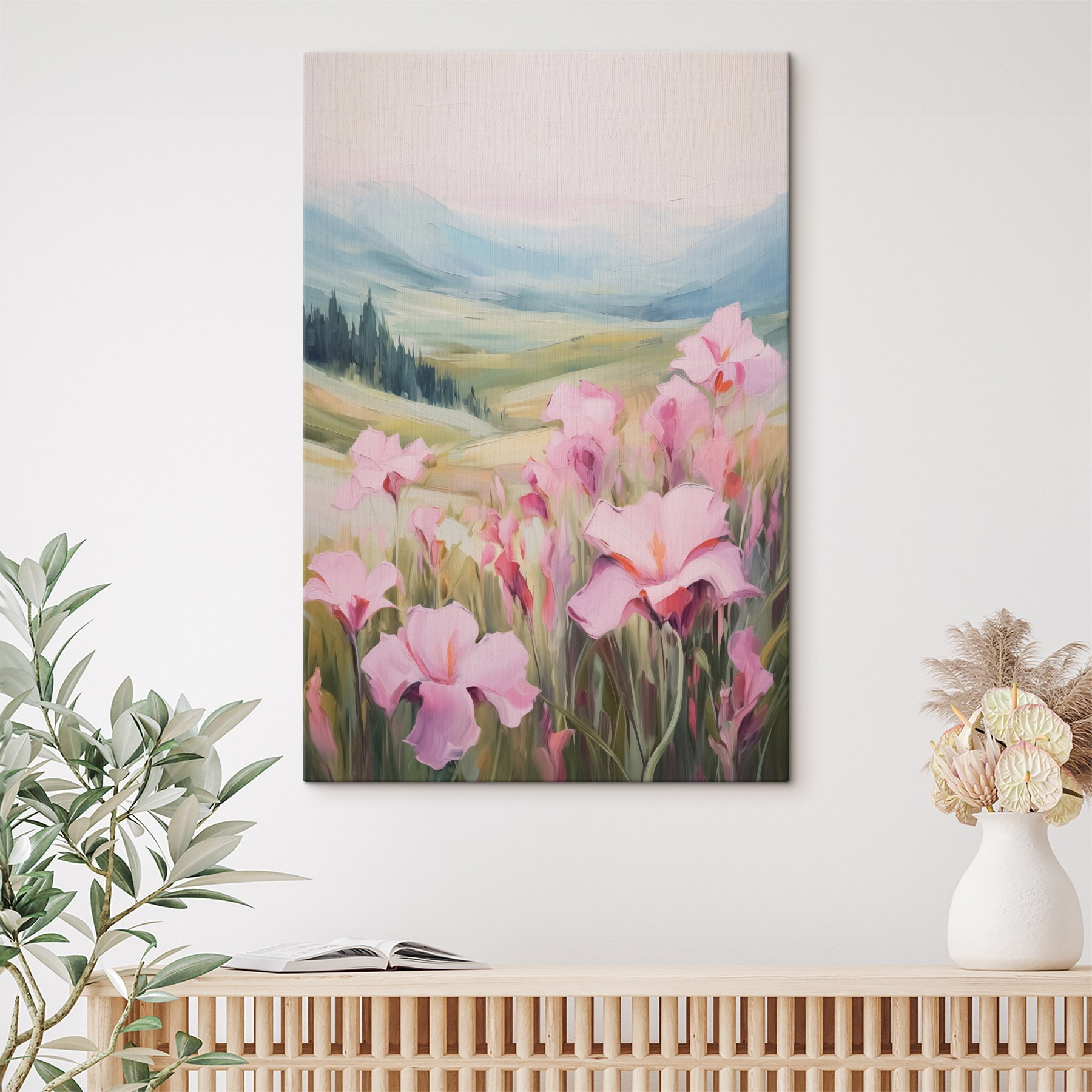 Painting of pink flowers in a field