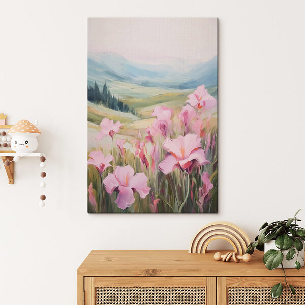 Gemälde von rosa Blumen auf einem Feld Gemälde von rosa Blumen auf einem Feld