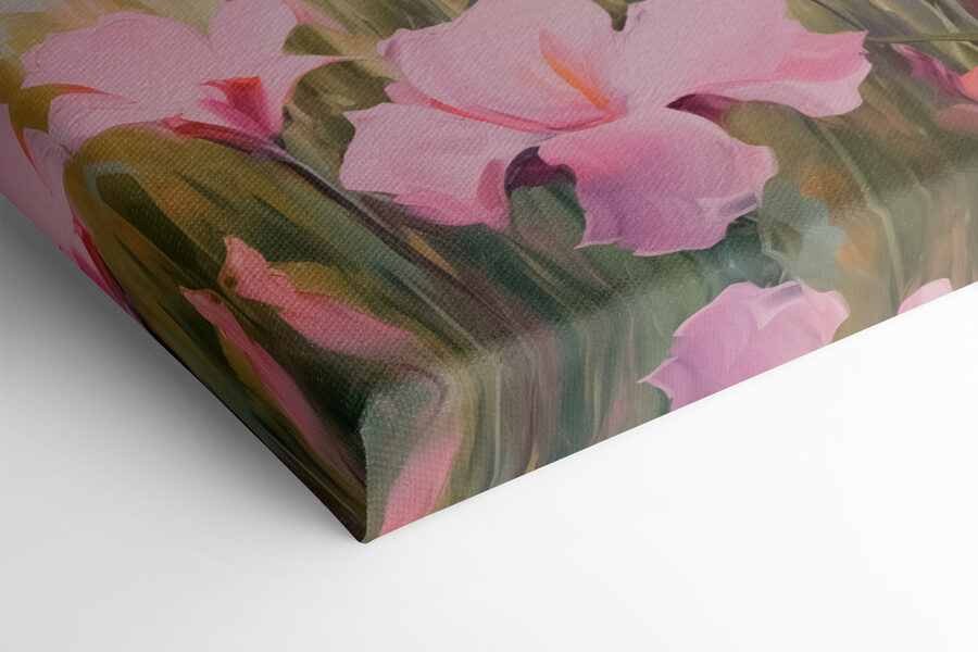 Gemälde von rosa Blumen auf einem Feld Gemälde von rosa Blumen auf einem Feld