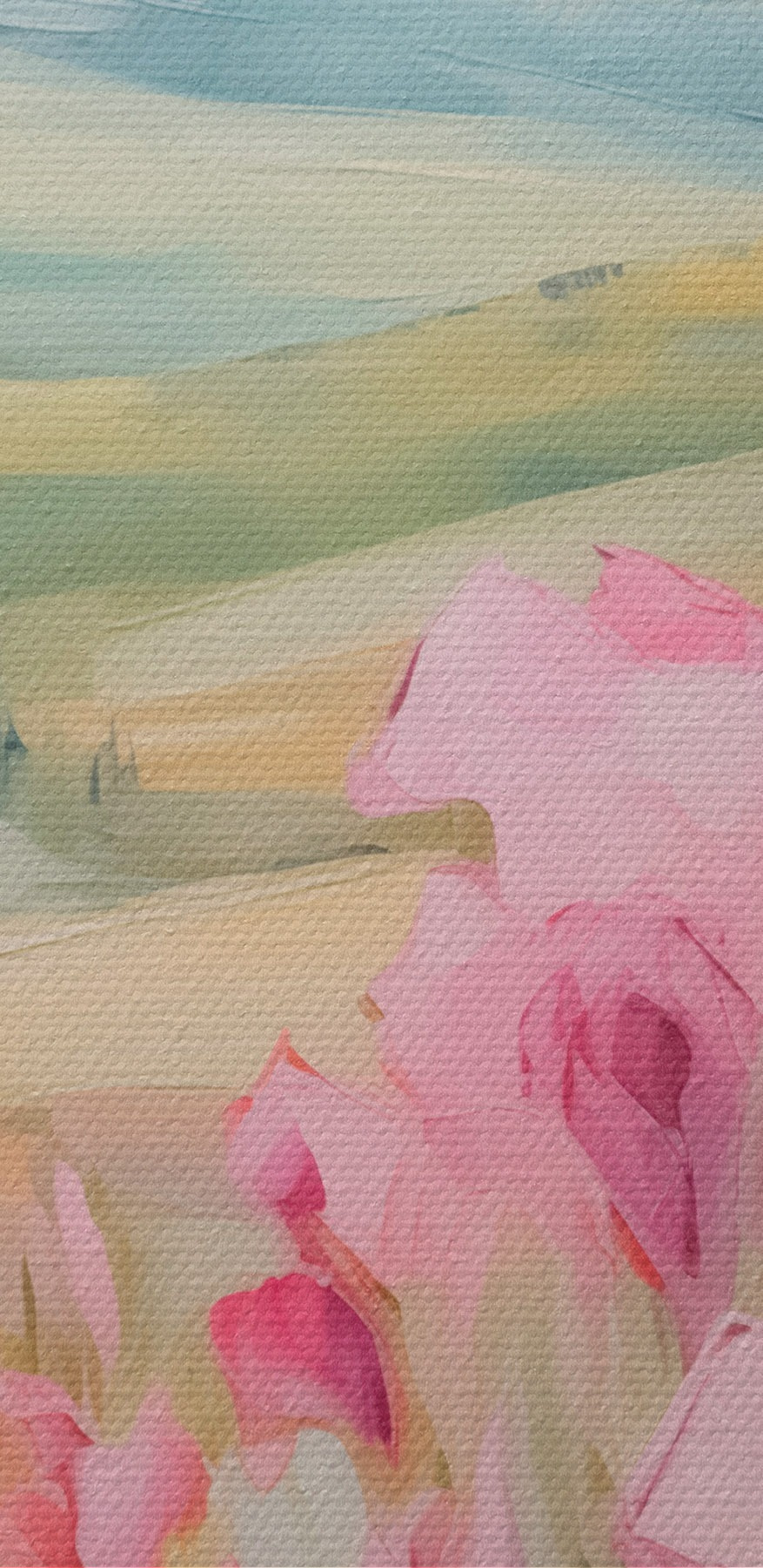 Gemälde von rosa Blumen auf einem Feld Gemälde von rosa Blumen auf einem Feld