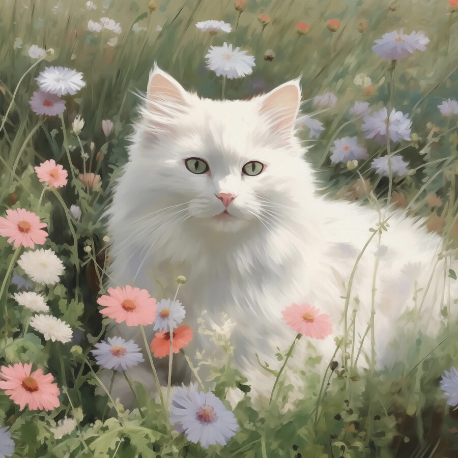 Weiße Katze in einem Blumenfeld