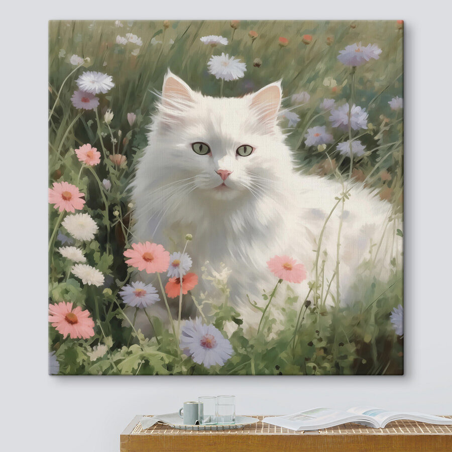 Weiße Katze in einem Blumenfeld