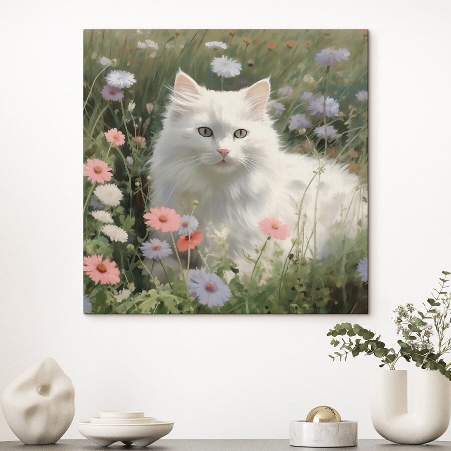 Weiße Katze in einem Blumenfeld