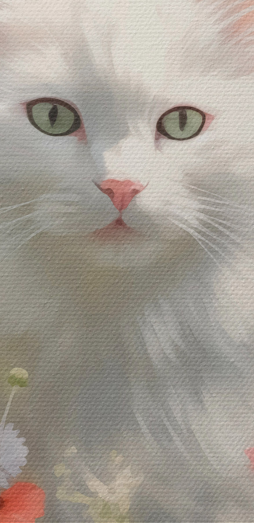 Weiße Katze in einem Blumenfeld