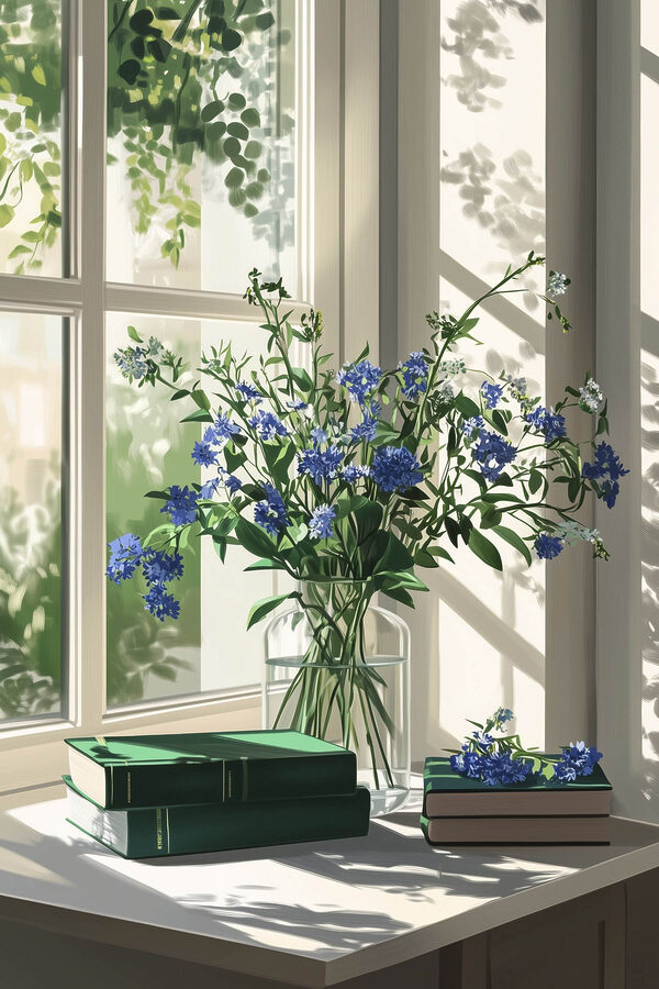Vase mit Blumen vor einem Fenster Vase mit Blumen vor einem Fenster