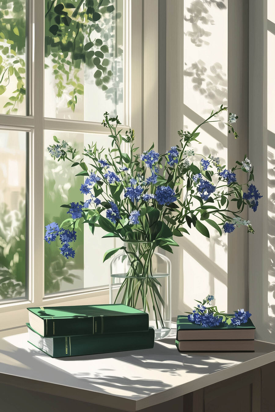 Vase mit Blumen vor einem Fenster