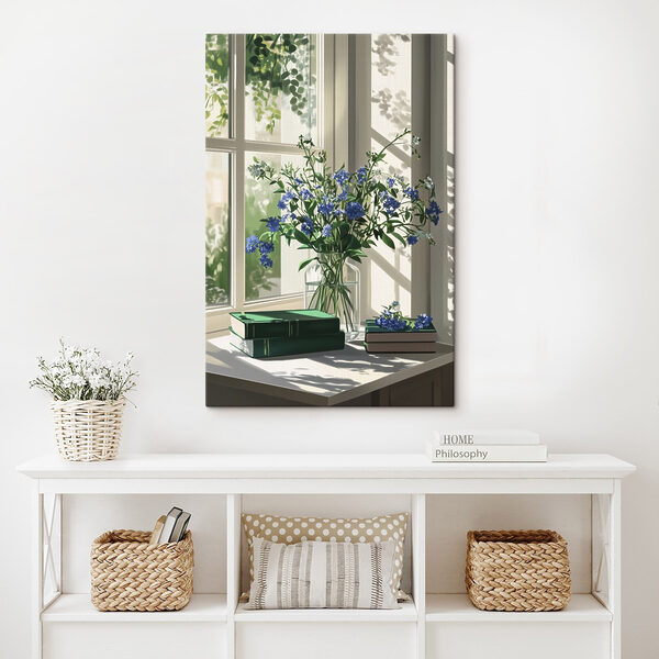 Vase mit Blumen vor einem Fenster Vase mit Blumen vor einem Fenster