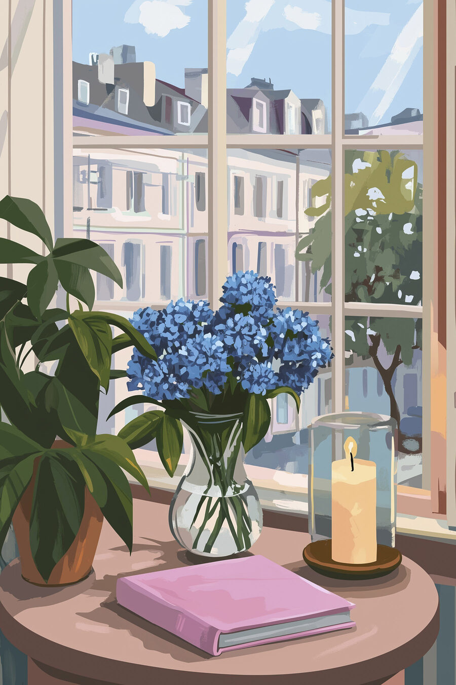 Vase mit Blumen und einer Kerze vor einem Fenster