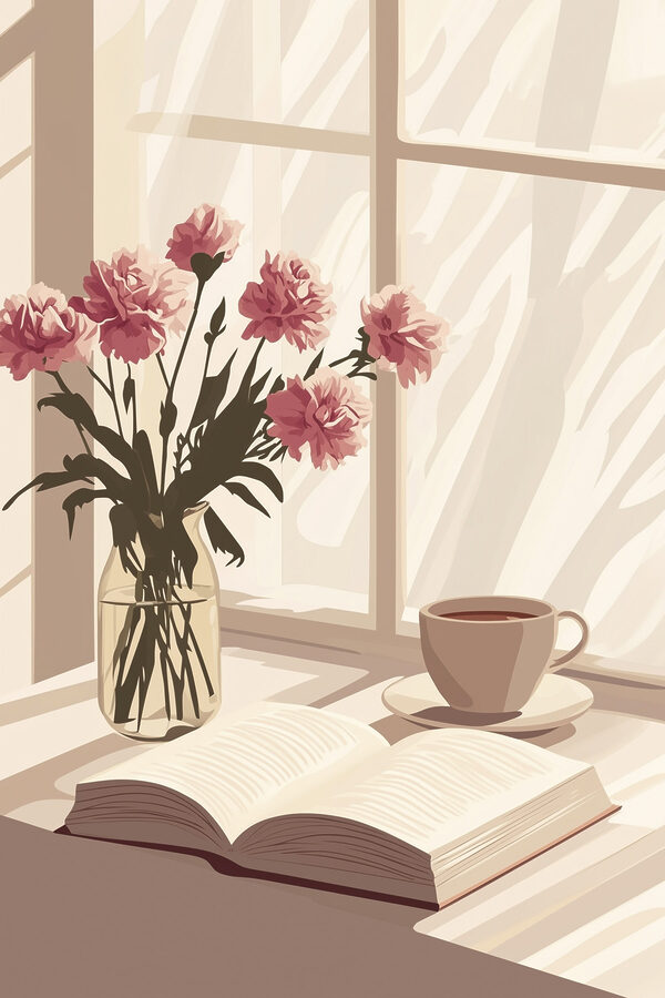 Buch und eine Vase mit Blumen Buch und eine Vase mit Blumen