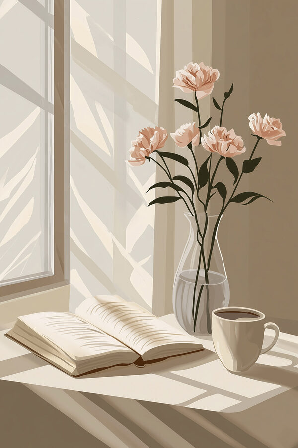 Buch und eine Vase mit Blumen Buch und eine Vase mit Blumen
