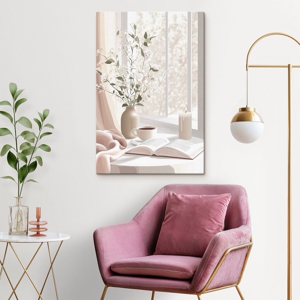 Cup of coffee and a vase of flowers on a window sill