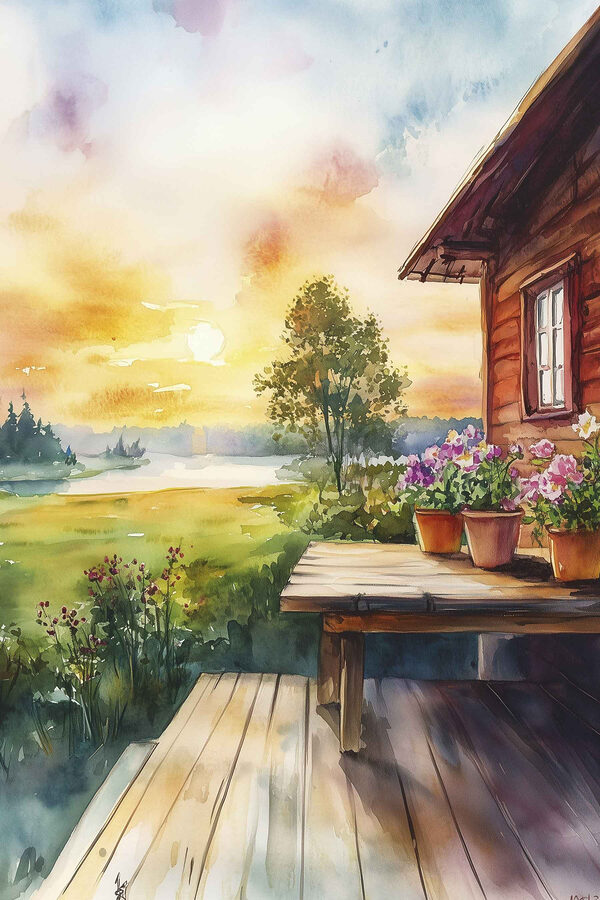 Aquarellmalerei eines Hauses mit Blumen auf einem Tisch Aquarellmalerei eines Hauses mit Blumen auf einem Tisch