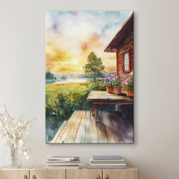 Aquarellmalerei eines Hauses mit Blumen auf einem Tisch Aquarellmalerei eines Hauses mit Blumen auf einem Tisch