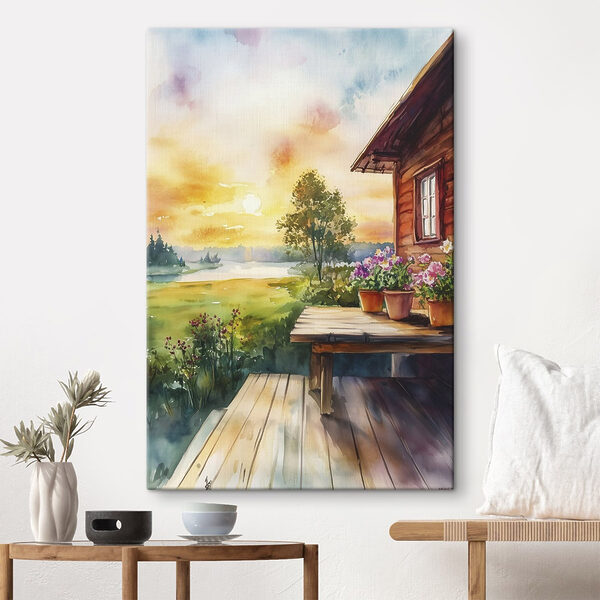 Aquarellmalerei eines Hauses mit Blumen auf einem Tisch Aquarellmalerei eines Hauses mit Blumen auf einem Tisch