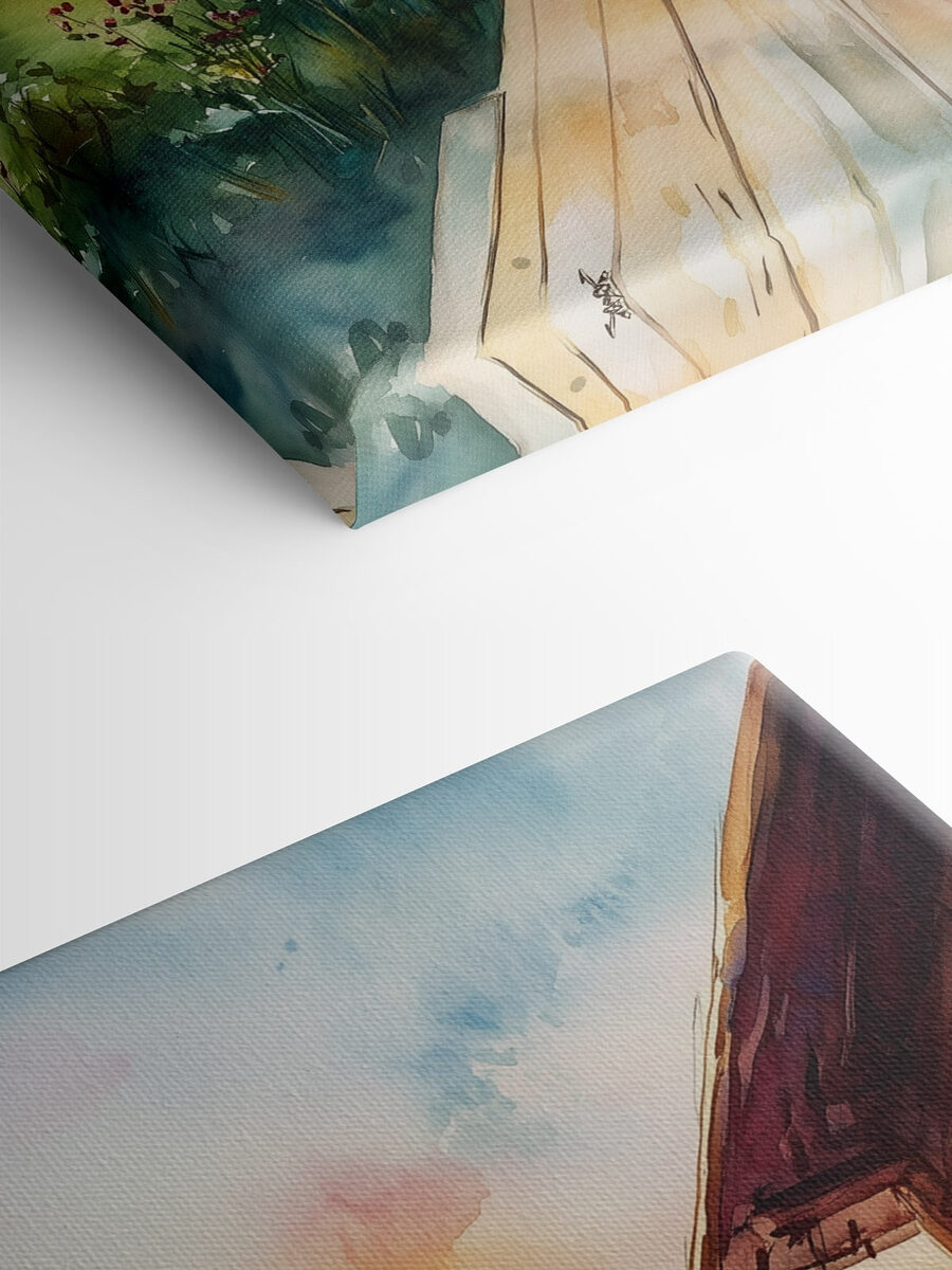 Aquarellmalerei eines Hauses mit Blumen auf einem Tisch
