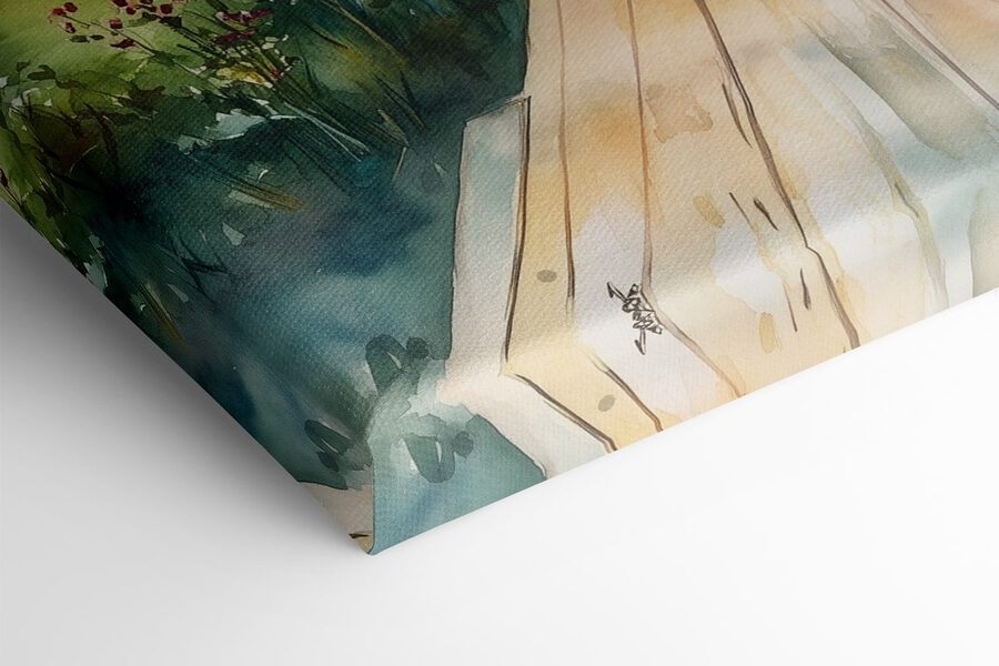 Aquarellmalerei eines Hauses mit Blumen auf einem Tisch