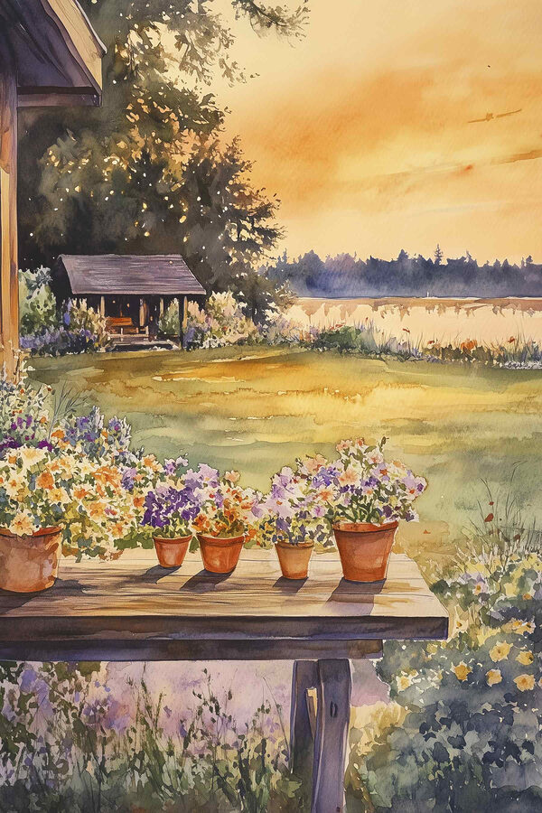 Aquarellmalerei einer Veranda mit Topfblumen auf einem Tisch Aquarellmalerei einer Veranda mit Topfblumen auf einem Tisch