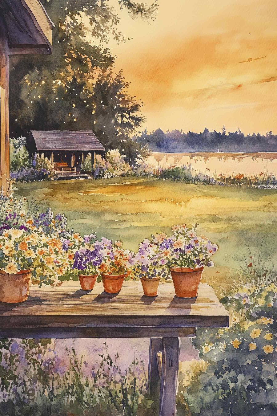 Aquarellmalerei einer Veranda mit Topfblumen auf einem Tisch