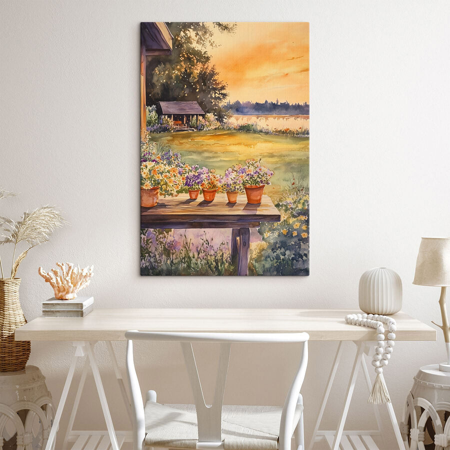 Aquarellmalerei einer Veranda mit Topfblumen auf einem Tisch