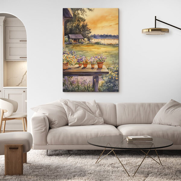 Aquarellmalerei einer Veranda mit Topfblumen auf einem Tisch Aquarellmalerei einer Veranda mit Topfblumen auf einem Tisch