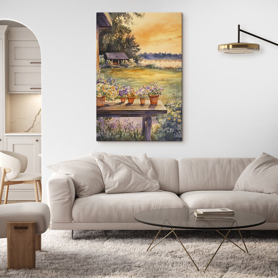 Aquarellmalerei einer Veranda mit Topfblumen auf einem Tisch