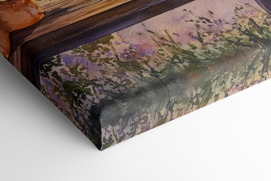 Aquarellmalerei einer Veranda mit Topfblumen auf einem Tisch