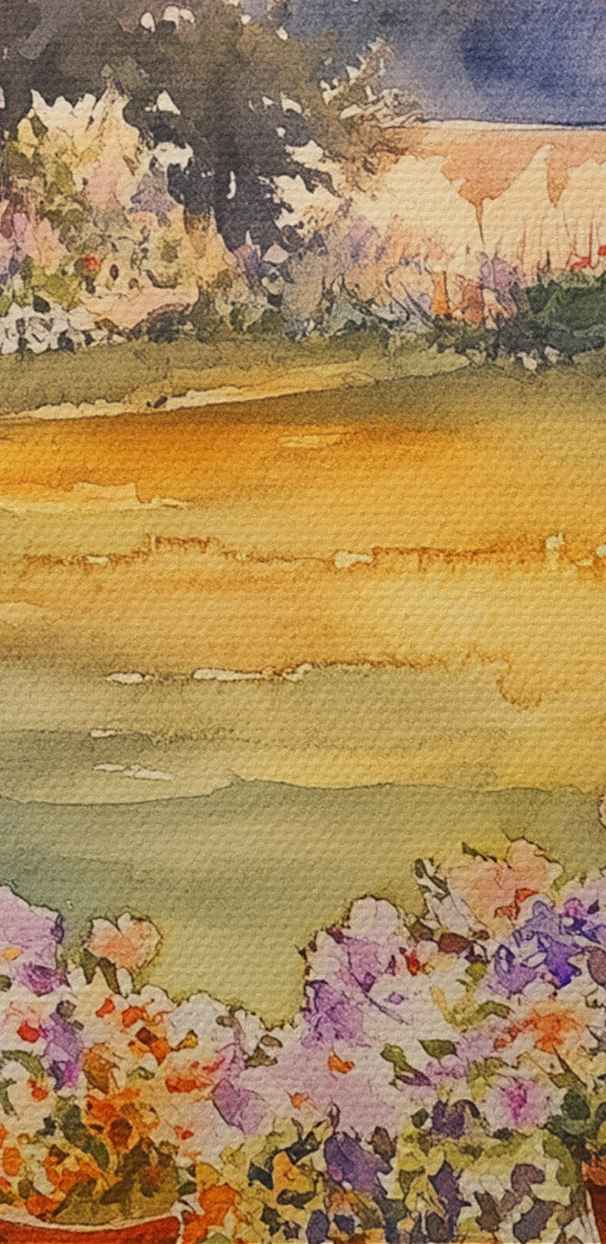 Aquarellmalerei einer Veranda mit Topfblumen auf einem Tisch