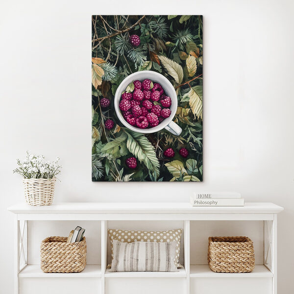 Wandbilder Tasse Himbeeren auf Blättern (Artikelnummer: s44023) Wandbilder Wandbilder Tasse Himbeeren auf Blättern (Artikelnummer: s44023)
