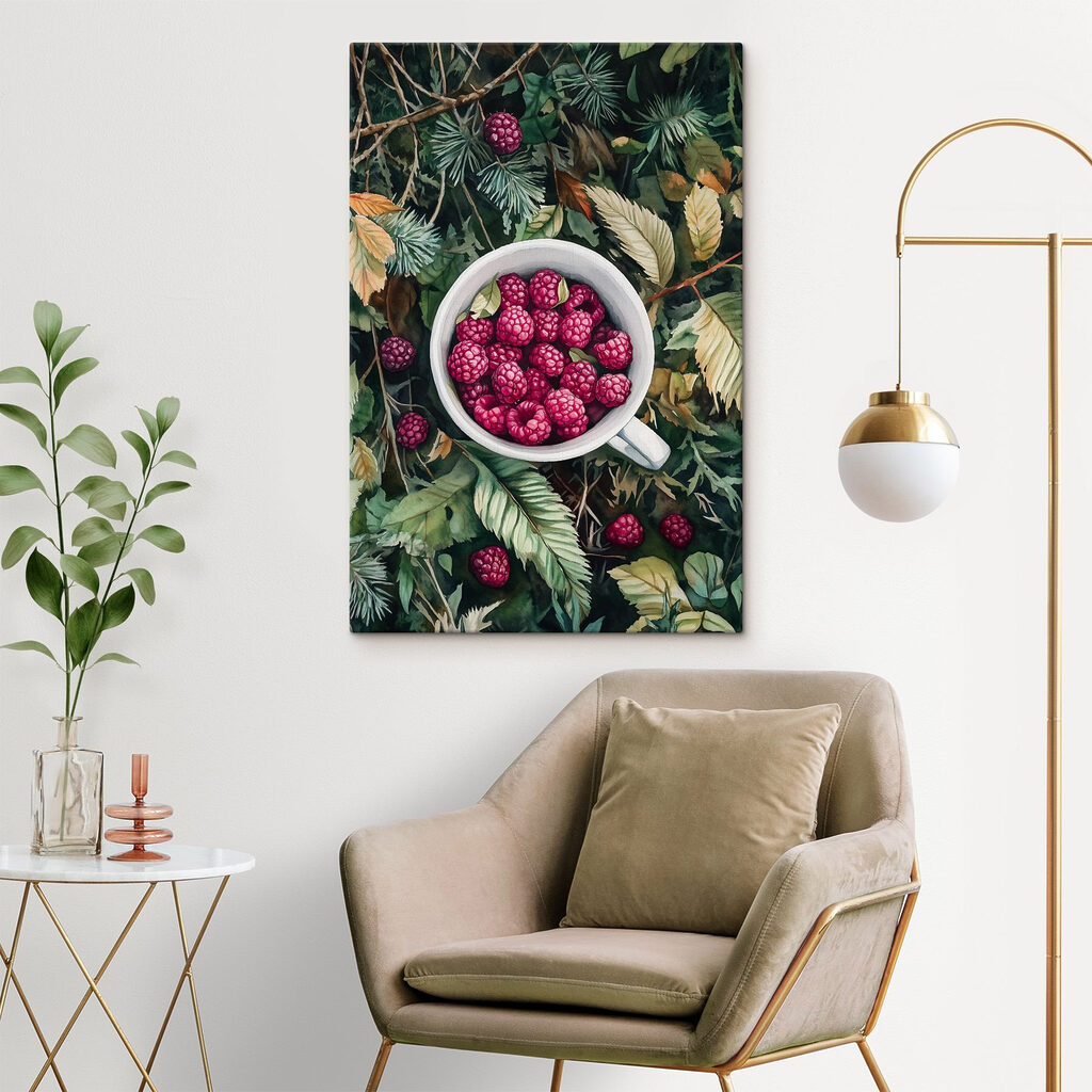 Cup of raspberries on leaves