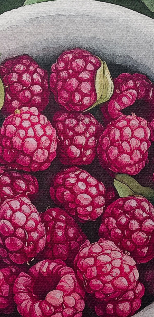 Cup of raspberries on leaves