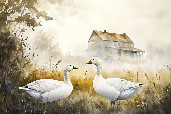 Aquarell von zwei Gänsen in einem Feld Aquarell von zwei Gänsen in einem Feld